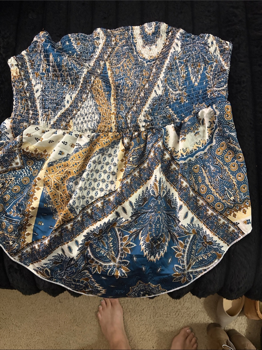 SHEIN Blue, White & Gold Paisley Strapless Smocked Tube Top